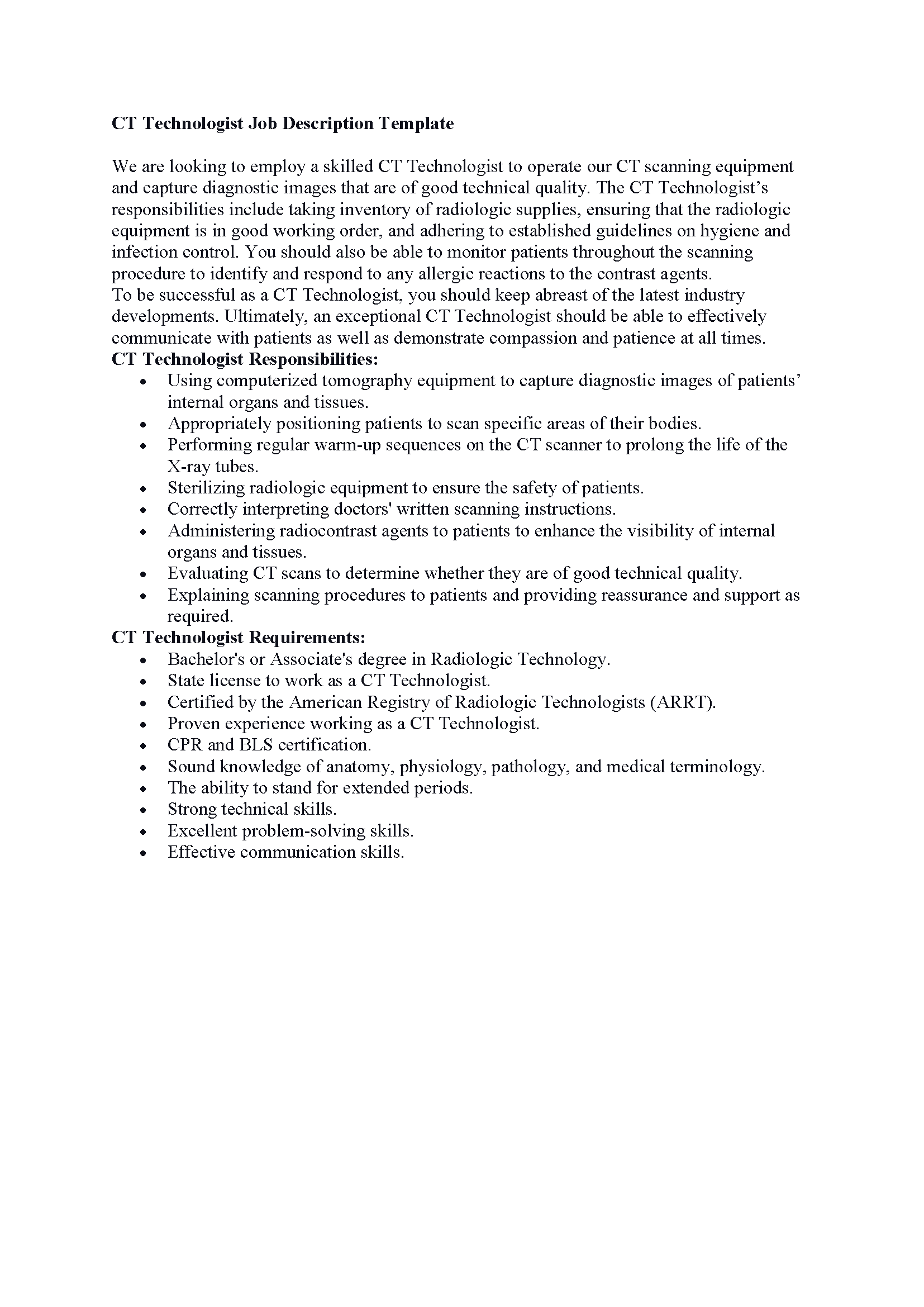 CT Technologist Job Description Template